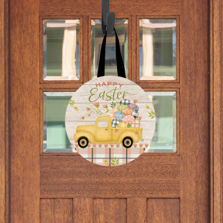 Easter Egg Wreath Wood Door Hanger with yellow truck and Happy Easter text on white background.