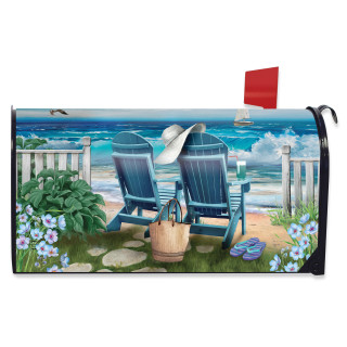 Seaside Escape Summer Oversized Mailbox Cover with beach scene and blue Adirondack chairs.