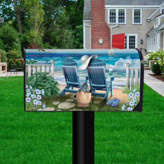 Seaside Escape Summer Oversized Mailbox Cover with beach scene and blue Adirondack chairs design.