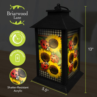 Briarwood Lane Ladybugs and Sunflowers Lantern, black metal with shatter-resistant acrylic ladybug sunflower panels.