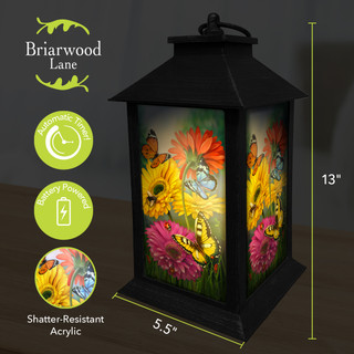 Briarwood Lane Butterflies and Daisies Lantern, black metal with colorful floral and butterfly shatter-resistant acrylic panels.