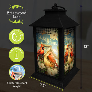 Briarwood Lane Bless This Home Cardinal Lantern, black, 5.5" x 13", shatter-resistant acrylic panels.