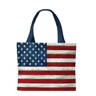 Wooden American Flag Canvas Tote bag with navy blue handles on a white background.