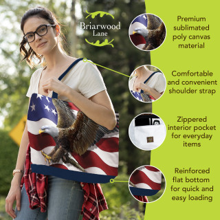 Wooden American Flag Canvas Tote bag with blue trim and straps, held by a woman.