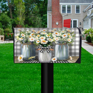 Farmhouse Jars Mailbox Cover with white daisies on gray checkered background on a mailbox outdoors.