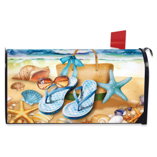 Welcome To the Beach Mailbox Cover with beach scene, flip flops, seashells, and starfish design.