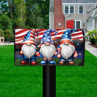 Saluting Gnome Mailbox Cover with patriotic gnomes and American flag design on a black mailbox.