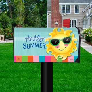 Hello Summer Sun Mailbox Cover with colorful design and smiling sun wearing sunglasses on a lawn.