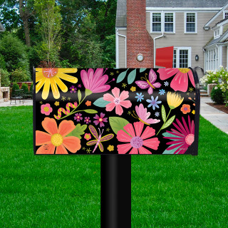 Spring Fling Mailbox Cover with colorful floral design on black background, pink, orange, and yellow flowers.