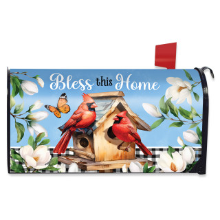 Bless This Home Cardinal Mailbox Cover with red birds, butterflies, and white flowers on blue background.