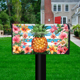 Pineapple and Stripes Mailbox Cover with colorful floral design on a black mailbox post outdoors.