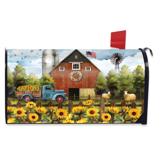 Sunflower Barn Mailbox Cover with red barn, blue truck, sunflowers, sheep, and American flag design.