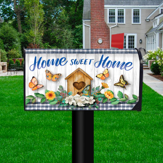 Country Home Sweet Home mailbox cover with butterflies, flowers, and birdhouse design on black and white background.