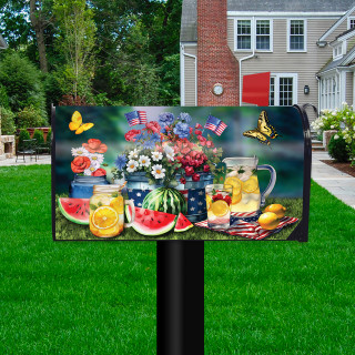 American Lemonade Mailbox Cover with patriotic design and colorful still life of lemonade ingredients on green lawn.