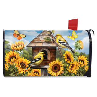 Goldfinches and Sunflowers mailbox cover with birds, sunflowers, and butterflies on a brown birdhouse background.