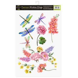 Dragonfly Garden Window Clings with colorful flowers and dragonflies on a white background.