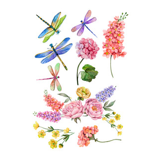 Colorful Dragonfly Garden Window Clings featuring flowers and dragonflies in shades of pink, purple, and yellow.