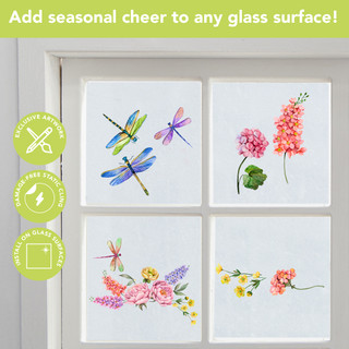 Dragonfly Garden Window Clings with colorful flowers and dragonflies on white background, four designs shown.