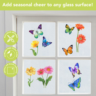 Colorful butterflies and flowers window clings on glass surface, Fluttering Butterflies Window Clings.