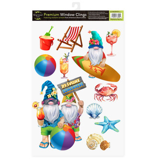 Summer gnomes window clings with beach themed stickers including gnomes, beach balls and seashells.