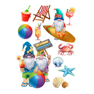 Summer Gnomes Window Clings, two gnomes with beach items, colorful beach balls, starfish, and seashells.