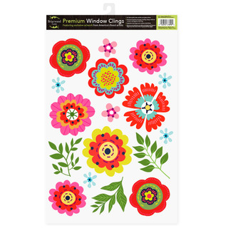 Colorful Bright Blooms Window Clings with floral designs and green leaves on a white background.
