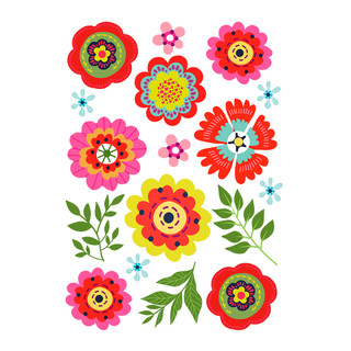 Colorful Bright Blooms Window Clings with vibrant flowers and green leaves on white background.