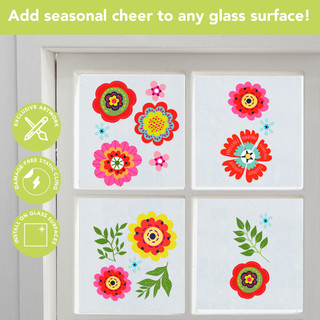 Bright Blooms Window Clings, colorful floral stickers on a window with pink, red, and yellow flowers.