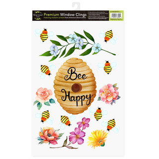Happy Beehive Window Clings with colorful flowers, bees, and a beehive design on white background.