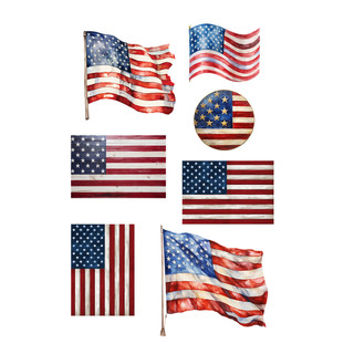 Wooden American Flag Window Clings in various designs and sizes on a white background.