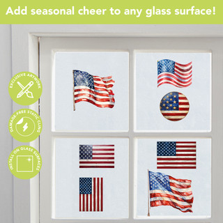 Wooden American Flag Window Clings, four on a glass surface, red, white, and blue colors.