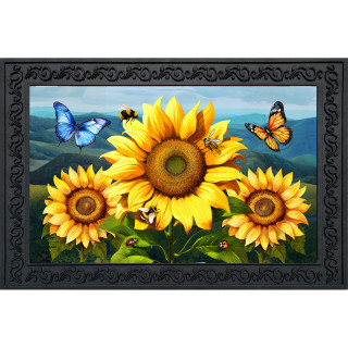 Sunflower Dance Doormat with vibrant sunflowers, butterflies, and insects on a scenic green landscape background.