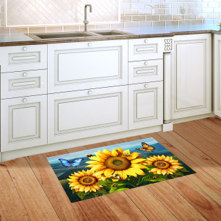 Sunflower Dance Doormat with vibrant yellow sunflowers, butterflies on a blue background on wooden floor.