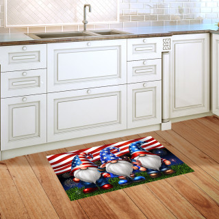 Saluting Gnome Doormat with American flag and gnomes on green grass on wooden kitchen floor.