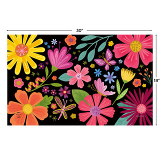 Vibrant floral doormat with colorful flowers, leaves, and insects on a black background, 30x18 inches.