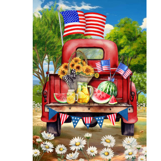 American Pickup Picnic Garden Flag with red truck, sunflowers, watermelon, and American flags.