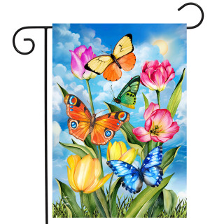 Sunshine Butterflies Garden Flag with colorful butterflies and tulips on a blue cloudy sky background.