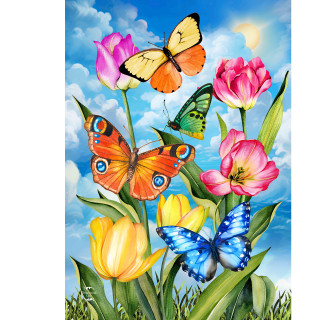 Sunshine Butterflies Garden Flag with colorful butterflies and tulips on blue cloudy sky background design.