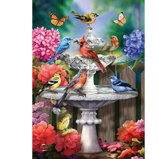 Spring Bath Birds Garden Flag with colorful birds and butterflies around a stone fountain surrounded by flowers.