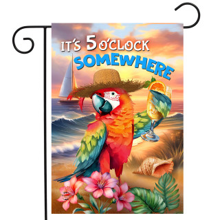 Sunset Parrot Garden Flag with colorful parrots and tropical design on a beach at sunset somewhere.