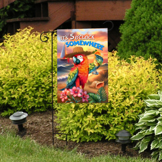 Vibrant Sunset Parrot Garden Flag with colorful parrot, flowers, and "It's 5 o'clock somewhere" text.