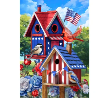 Red, white, and blue birdhouses with patriotic flags and flowers, birds perched on roofs and around.