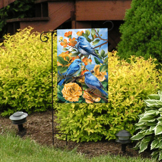 Bluebirds and Roses Garden Flag with blue birds, orange roses and flowers on a garden stand.
