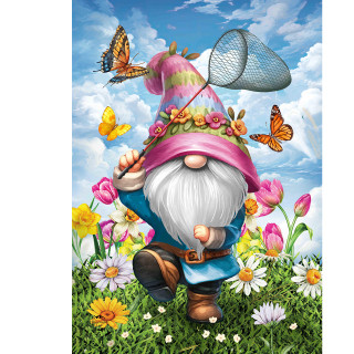 Springtime Gnome Garden Flag with colorful flowers, butterflies, and a blue sky background design.