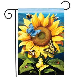 Sunflower Dance Garden Flag with butterflies, bees, and ladybugs on a vibrant yellow flower design.