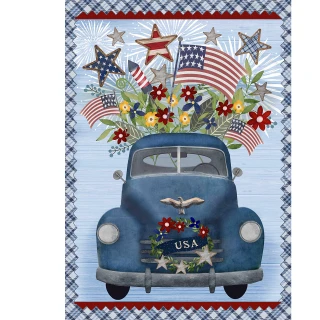 Blue vintage pickup truck with floral bouquet, stars, and USA flag, Celebrate America garden flag.