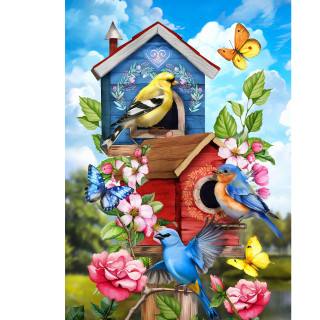 Floral Birdhouses Garden Flag with colorful birds, butterflies, and flowers on a blue sky background.
