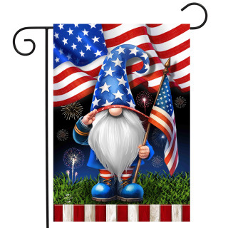 Saluting Gnome Garden Flag with American flag design and fireworks, blue hat with white stars.