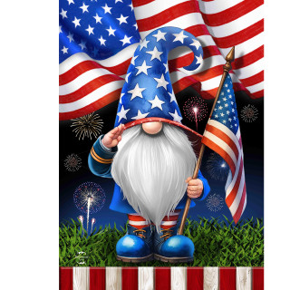 Saluting Gnome Garden Flag with patriotic design and American flag, blue hat, white beard, blue boots.