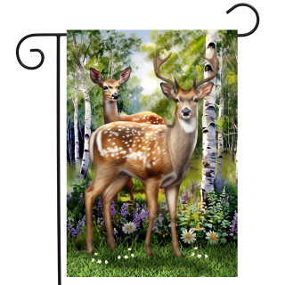 Deer in Forest Garden Flag with two deer standing in a forest surrounded by flowers trees.